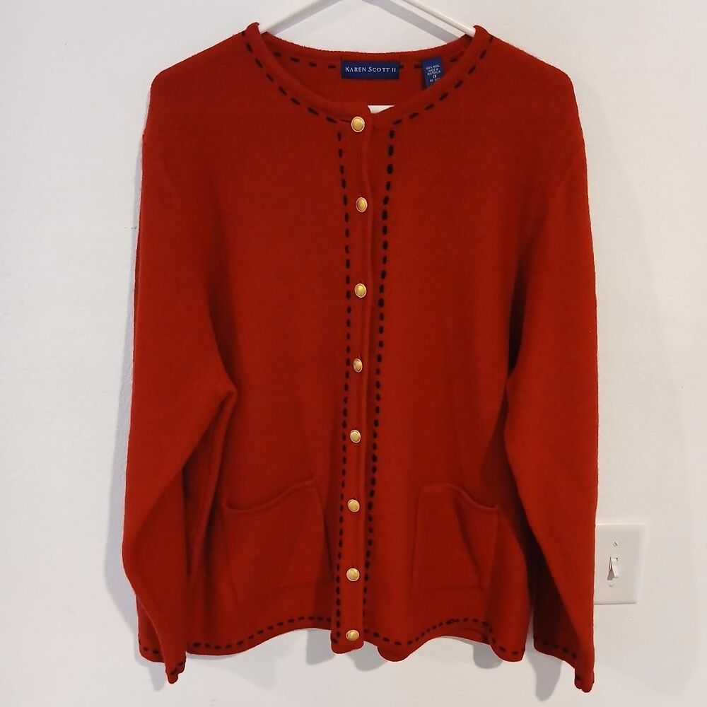 Karen Scott Women's Red Button Up Sweater 100% Wool Gold Buttons Size 1X